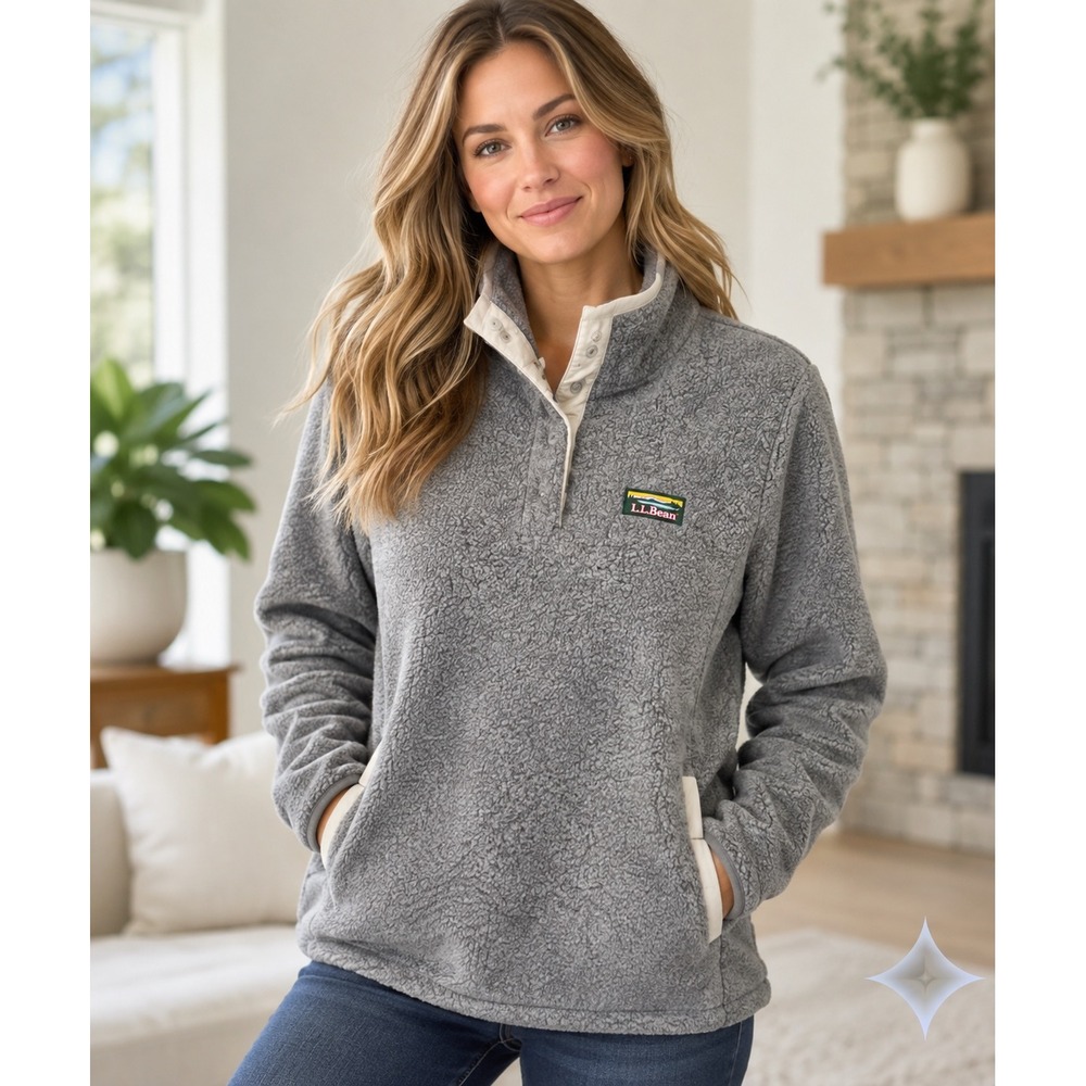 LL Bean Fleece Pullover Womens L Gray Snap Mock Neck Gorpcore outdoor  518489